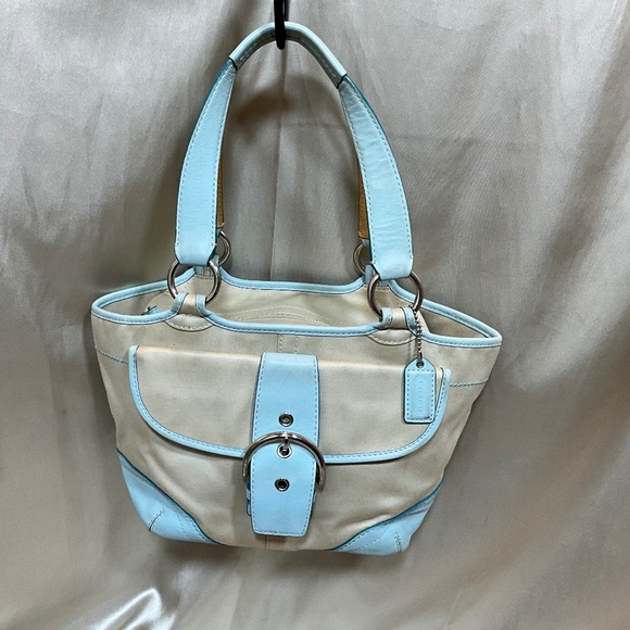 Coach Handbags - Vintage Coach handbag, beige material & baby blue leather.   10-H8Fa